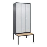 C+P Spind Classic PLUS, Bank, 3 Abteile, 2120x900x815mm, 7016/7035 Verschluss Zylinderschloss 4 Garderobenhaken Trennwand mittig Sitzbanktyp untergebaut