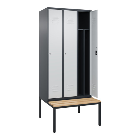 C+P Spind Classic PLUS, Bank, 3 Abteile, 2120x900x815mm, 7016/7035 Verschluss Zylinderschloss 4 Garderobenhaken Trennwand mittig  Sitzbanktyp untergebaut