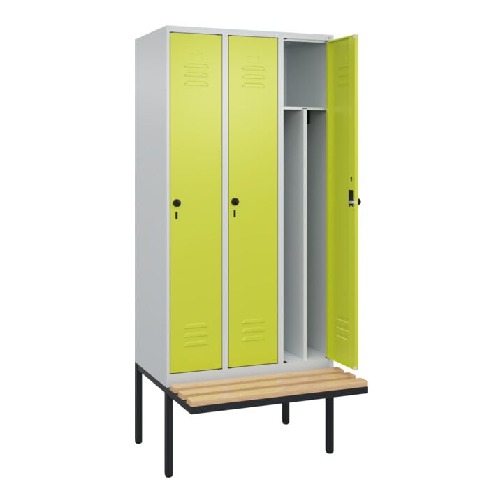 C+P Spind Classic PLUS, Bank, 3 Abteile, 2120x900x815mm, 7035/0024 Verschluss Sicherheits-Drehriegel 4 Garderobenhaken Trennwand mittig  Sitzbanktyp auskragend
