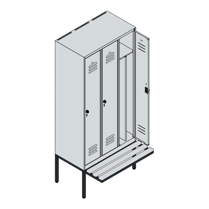 C+P Spind Classic PLUS, Bank, 3 Abteile, 2120x900x815mm, 7035/0024 Verschluss Sicherheits-Drehriegel 4 Garderobenhaken Trennwand mittig  Sitzbanktyp auskragend