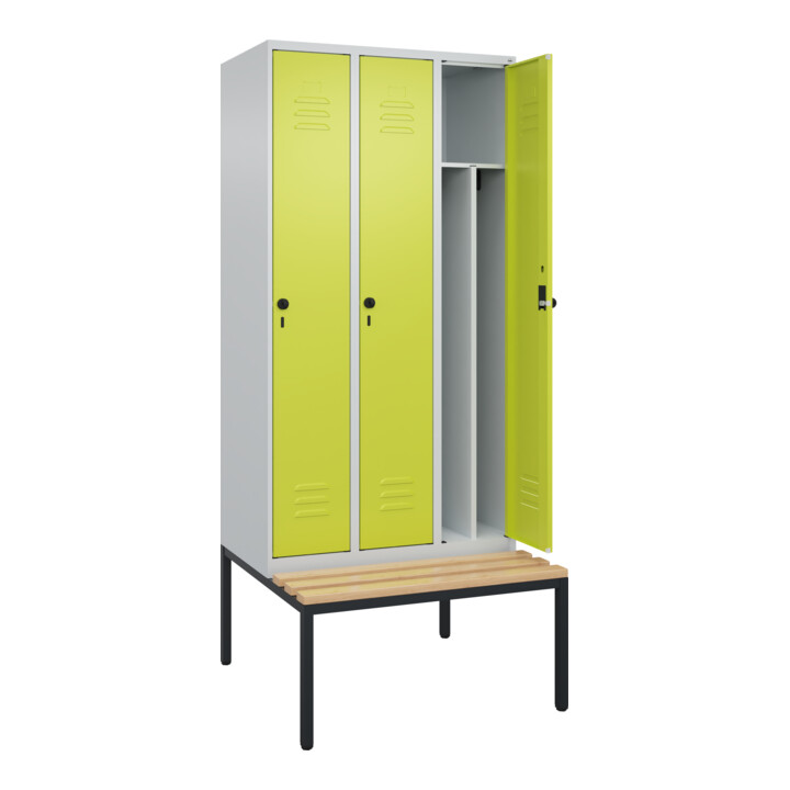 C+P Spind Classic PLUS, Bank, 3 Abteile, 2120x900x815mm, 7035/0024 Verschluss Sicherheits-Drehriegel 4 Garderobenhaken Trennwand mittig  Sitzbanktyp untergebaut