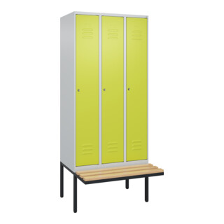 C+P Spind Classic PLUS, Bank, 3 Abteile, 2120x900x815mm, 7035/0024 Verschluss Zylinderschloss 4 Garderobenhaken Trennwand mittig  Sitzbanktyp auskragend