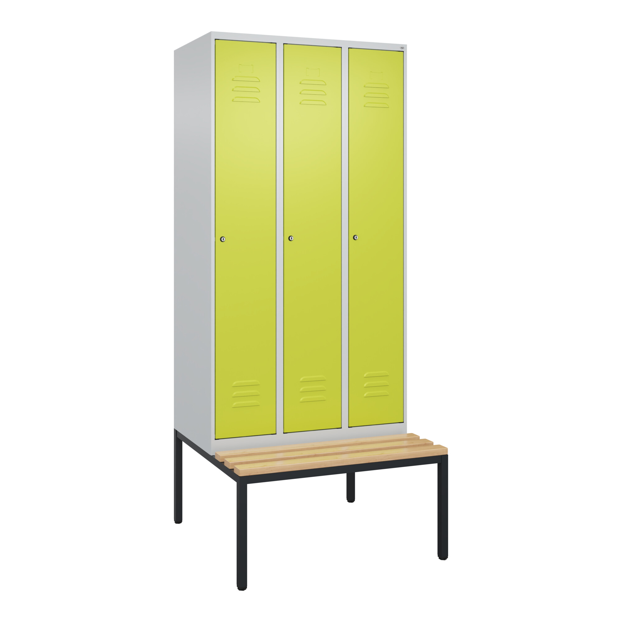 C+P Spind Classic PLUS, Bank, 3 Abteile, 2120x900x815mm, 7035/0024 Verschluss Zylinderschloss 4 Garderobenhaken Trennwand mittig Sitzbanktyp untergeb