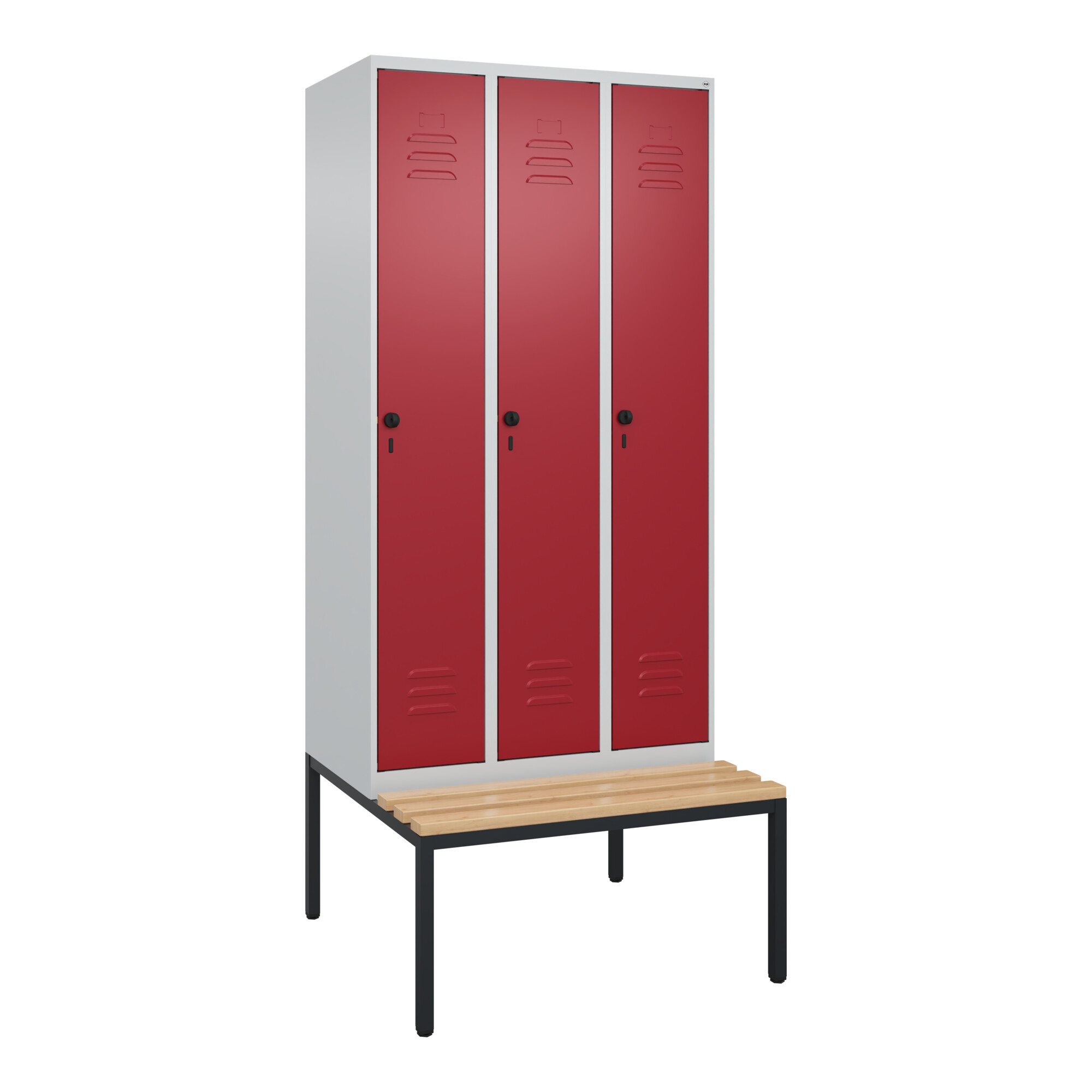 C+P Spind Classic PLUS, Bank, 3 Abteile, 2120x900x815mm, 7035/3003 Verschluss Sicherheits-Drehriegel 3 Garderobenhaken Sitzbanktyp untergebaut ; C +