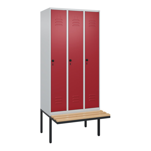 C+P Spind Classic PLUS, Bank, 3 Abteile, 2120x900x815mm, 7035/3003 Verschluss Sicherheits-Drehriegel 4 Garderobenhaken Trennwand mittig Sitzbanktyp auskragend