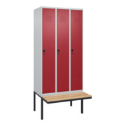 C+P Spind Classic PLUS, Bank, 3 Abteile, 2120x900x815mm, 7035/3003 Verschluss Sicherheits-Drehriegel 4 Garderobenhaken Trennwand mittig Sitzbanktyp auskragend