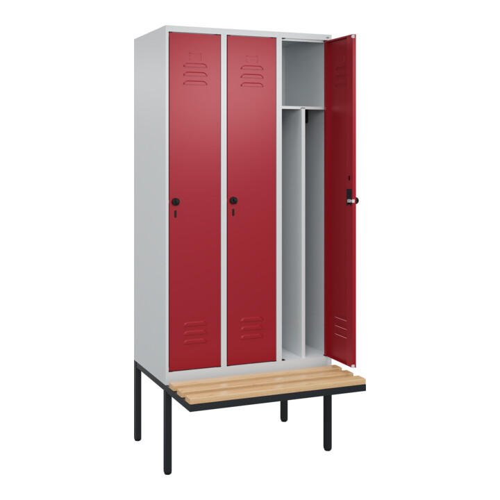 C+P Spind Classic PLUS, Bank, 3 Abteile, 2120x900x815mm, 7035/3003 Verschluss Sicherheits-Drehriegel 4 Garderobenhaken Trennwand mittig  Sitzbanktyp auskragend