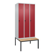 C+P Spind Classic PLUS, Bank, 3 Abteile, 2120x900x815mm, 7035/3003 Verschluss Sicherheits-Drehriegel 4 Garderobenhaken Trennwand mittig  Sitzbanktyp untergebaut
