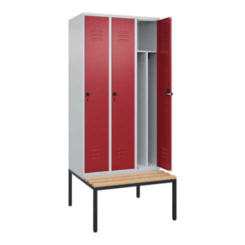 C+P Spind Classic PLUS, Bank, 3 Abteile, 2120x900x815mm, 7035/3003 Verschluss Sicherheits-Drehriegel 4 Garderobenhaken Trennwand mittig  Sitzbanktyp untergebaut