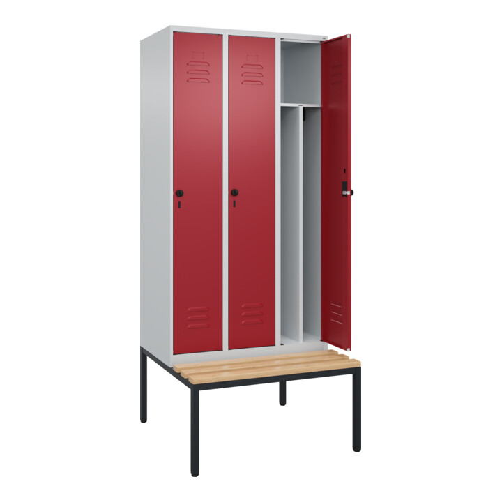 C+P Spind Classic PLUS, Bank, 3 Abteile, 2120x900x815mm, 7035/3003 Verschluss Sicherheits-Drehriegel 4 Garderobenhaken Trennwand mittig  Sitzbanktyp untergebaut