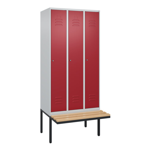 C+P Spind Classic PLUS, Bank, 3 Abteile, 2120x900x815mm, 7035/3003 Verschluss Zylinderschloss 3 Garderobenhaken   Sitzbanktyp auskragend