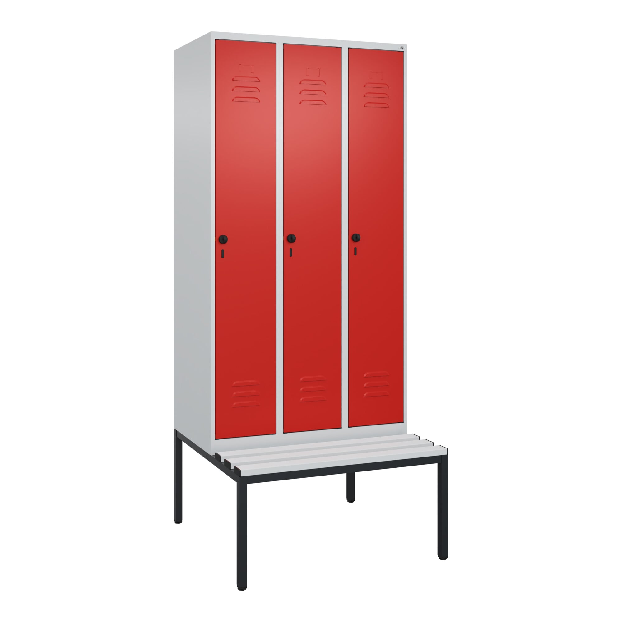 C+P Spind Classic PLUS, Bank, 3 Abteile, 2120x900x815mm, 7035/3020 Verschluss Sicherheits-Drehriegel 3 Garderobenhaken Dekor Banklatten RAL 7035 Lich