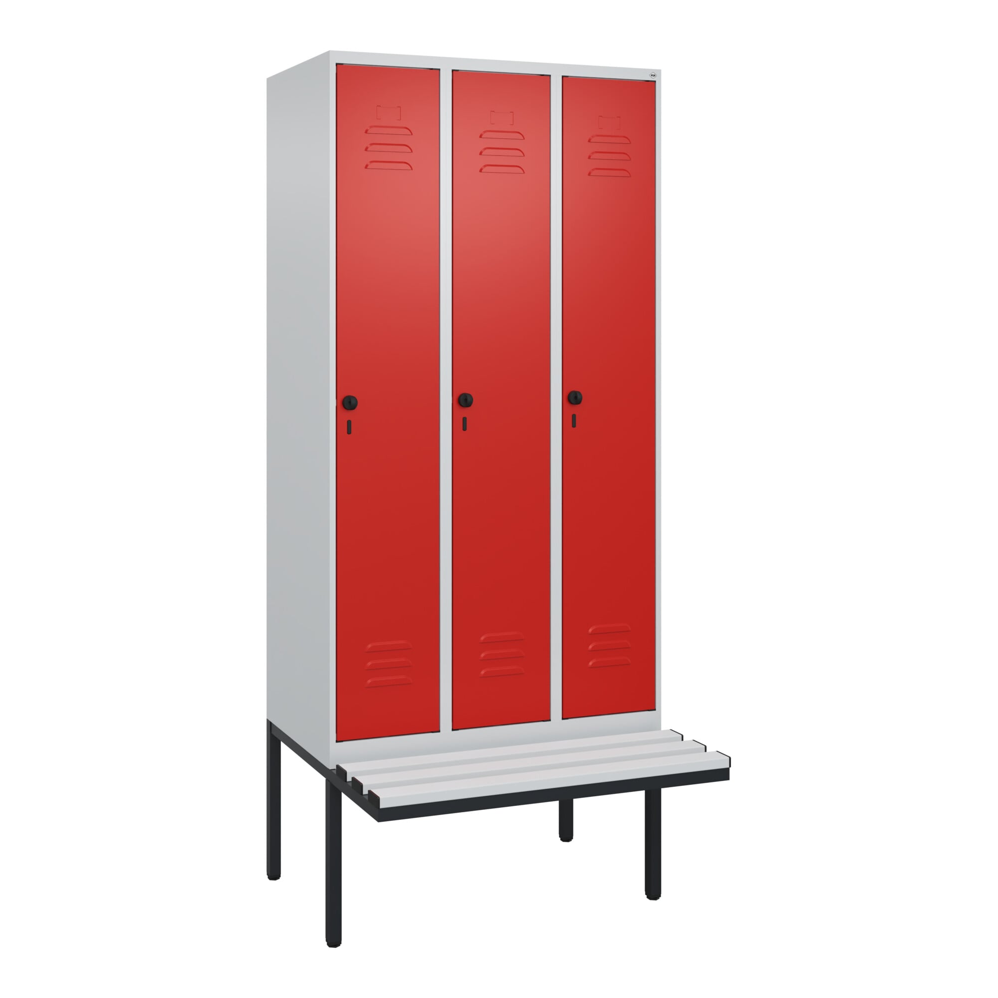 C+P Spind Classic PLUS, Bank, 3 Abteile, 2120x900x815mm, 7035/3020 Verschluss Sicherheits-Drehriegel 4 Garderobenhaken Trennwand mittig Dekor Banklatt