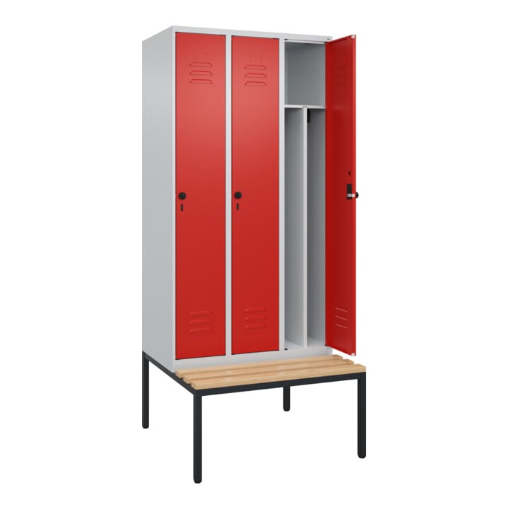C+P Spind Classic PLUS, Bank, 3 Abteile, 2120x900x815mm, 7035/3020 Verschluss Sicherheits-Drehriegel 4 Garderobenhaken Trennwand mittig  Sitzbanktyp untergebaut