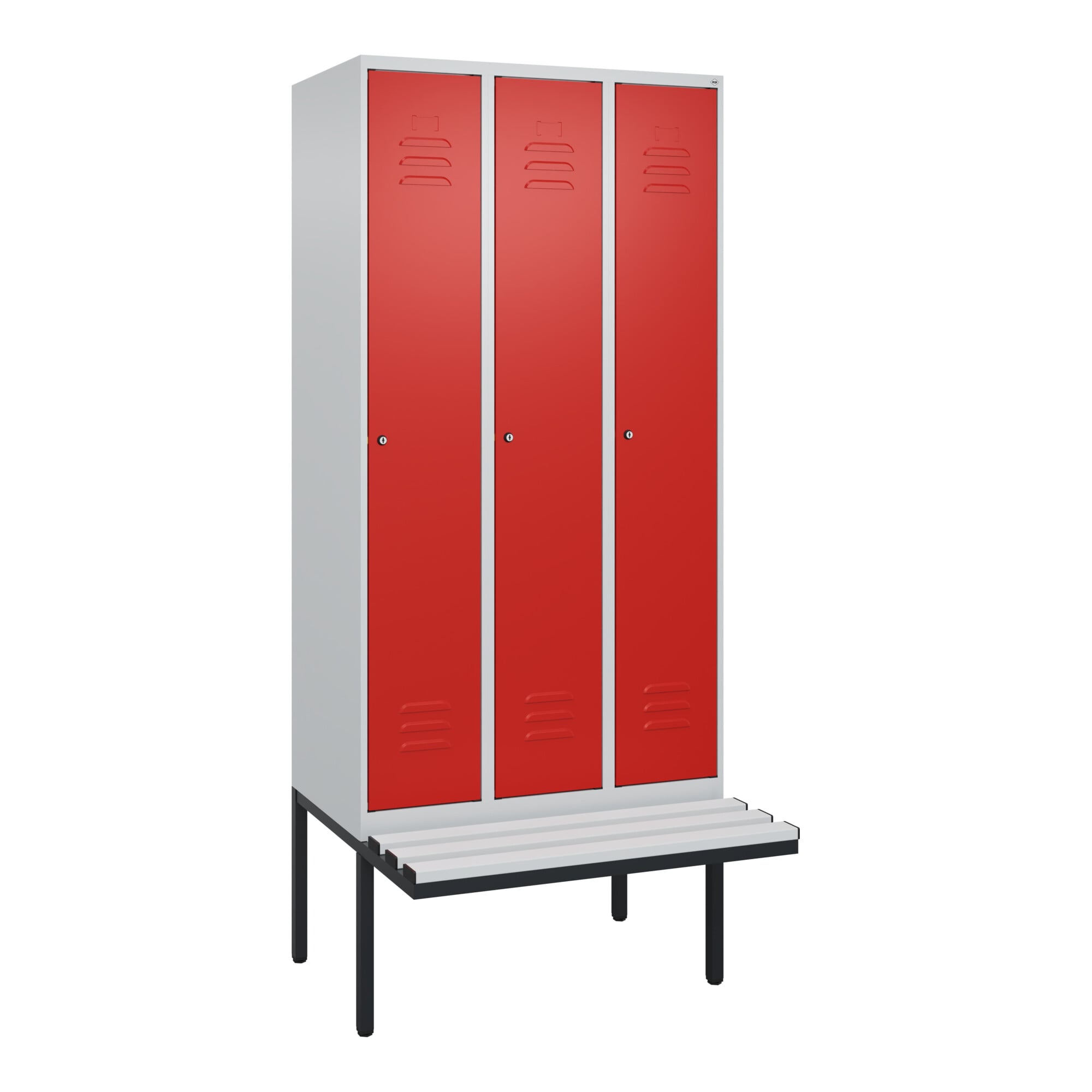 C+P Spind Classic PLUS, Bank, 3 Abteile, 2120x900x815mm, 7035/3020 Verschluss Zylinderschloss 3 Garderobenhaken Dekor Banklatten RAL 7035 Lichtgrau S
