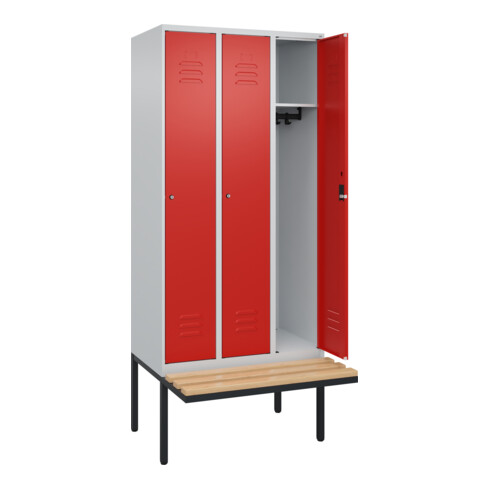 C+P Spind Classic PLUS, Bank, 3 Abteile, 2120x900x815mm, 7035/3020 Verschluss Zylinderschloss 3 Garderobenhaken   Sitzbanktyp auskragend