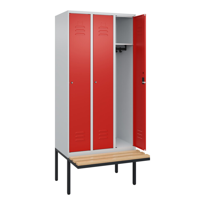 C+P Spind Classic PLUS, Bank, 3 Abteile, 2120x900x815mm, 7035/3020 Verschluss Zylinderschloss 3 Garderobenhaken   Sitzbanktyp auskragend