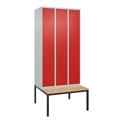 C+P Spind Classic PLUS, Bank, 3 Abteile, 2120x900x815mm, 7035/3020 Verschluss Zylinderschloss 3 Garderobenhaken   Sitzbanktyp untergebaut