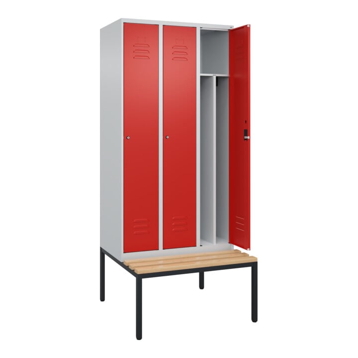 C+P Spind Classic PLUS, Bank, 3 Abteile, 2120x900x815mm, 7035/3020 Verschluss Zylinderschloss 4 Garderobenhaken Trennwand mittig  Sitzbanktyp untergebaut