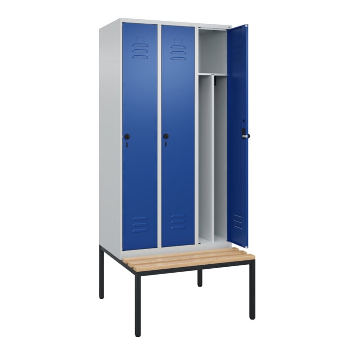 C+P Spind Classic PLUS, Bank, 3 Abteile, 2120x900x815mm, 7035/5010 Verschluss Sicherheits-Drehriegel 4 Garderobenhaken Trennwand mittig  Sitzbanktyp untergebaut