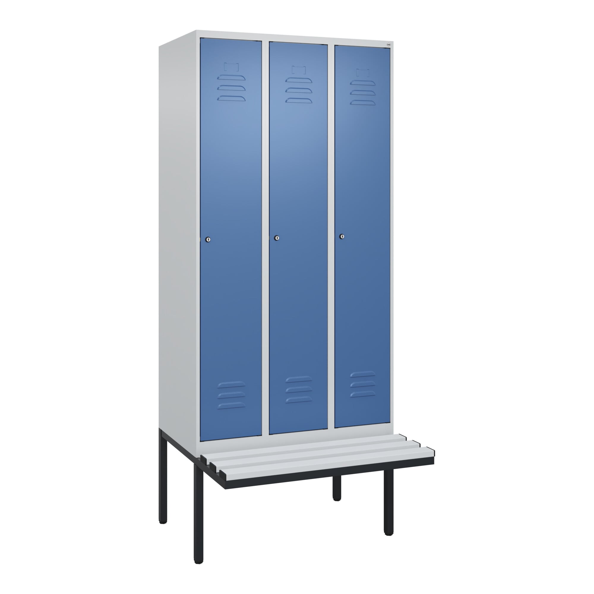 C+P Spind Classic PLUS, Bank, 3 Abteile, 2120x900x815mm, 7035/5023 Verschluss Zylinderschloss 3 Garderobenhaken Dekor Banklatten RAL 7035 Lichtgrau S