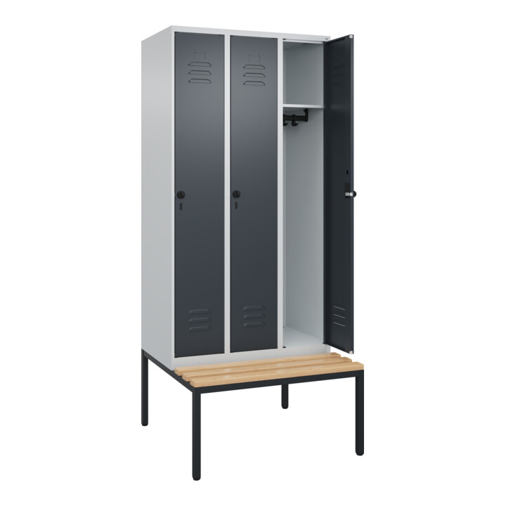 C+P Spind Classic PLUS, Bank, 3 Abteile, 2120x900x815mm, 7035/7016 Verschluss Sicherheits-Drehriegel 3 Garderobenhaken   Sitzbanktyp untergebaut