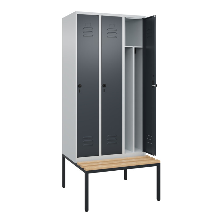 C+P Spind Classic PLUS, Bank, 3 Abteile, 2120x900x815mm, 7035/7016 Verschluss Sicherheits-Drehriegel 4 Garderobenhaken Trennwand mittig  Sitzbanktyp untergebaut