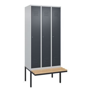 C+P Spind Classic PLUS, Bank, 3 Abteile, 2120x900x815mm, 7035/7016 Verschluss Zylinderschloss 3 Garderobenhaken   Sitzbanktyp auskragend