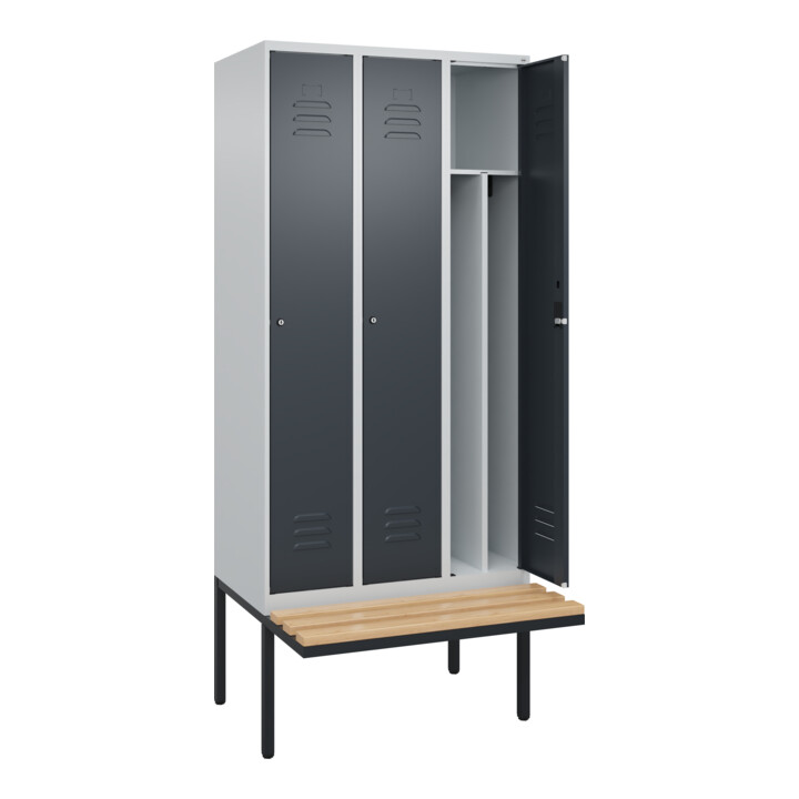 C+P Spind Classic PLUS, Bank, 3 Abteile, 2120x900x815mm, 7035/7016 Verschluss Zylinderschloss 4 Garderobenhaken Trennwand mittig  Sitzbanktyp auskragend