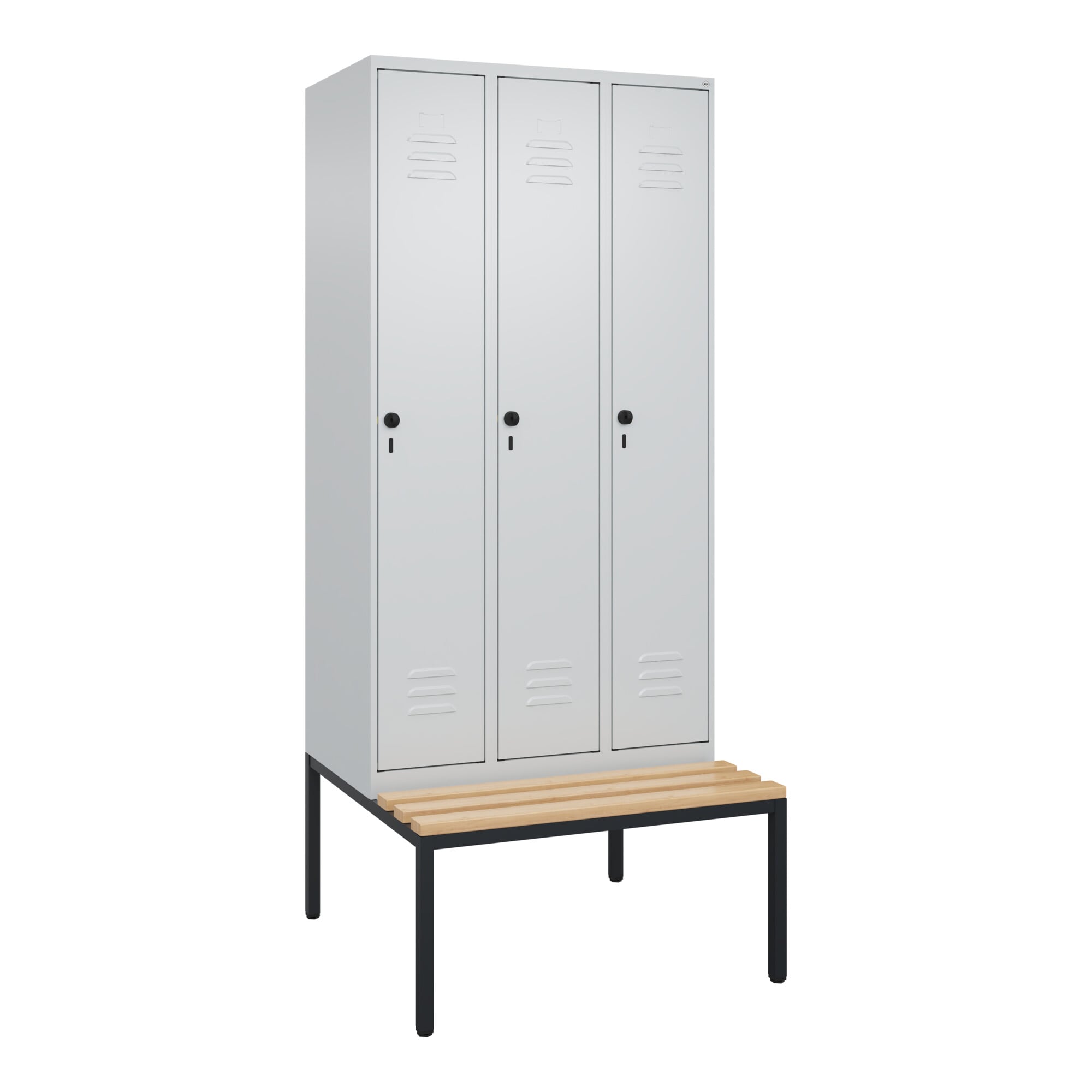 C+P Spind Classic PLUS, Bank, 3 Abteile, 2120x900x815mm, 7035/7035 Verschluss Sicherheits-Drehriegel 3 Garderobenhaken Sitzbanktyp untergebaut ; C +