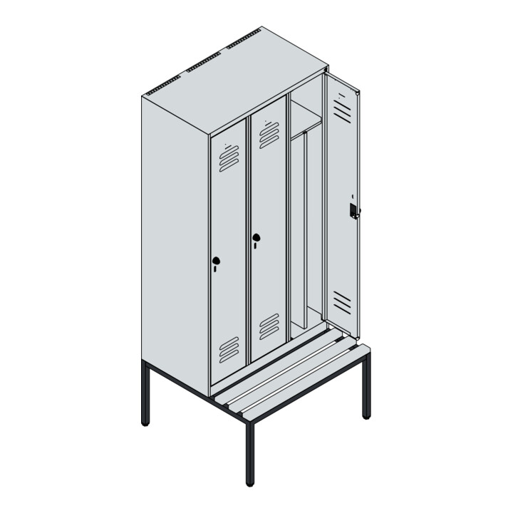 C+P Spind Classic PLUS, Bank, 3 Abteile, 2120x900x815mm, 7035/7035 Verschluss Sicherheits-Drehriegel 4 Garderobenhaken Trennwand mittig Dekor Banklatten RAL 7035 Lichtgrau Sitzbanktyp untergebaut