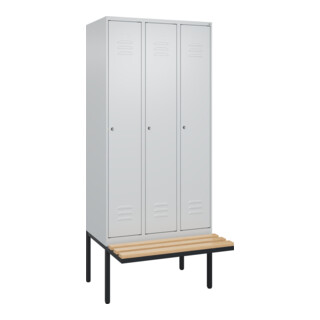 C+P Spind Classic PLUS, Bank, 3 Abteile, 2120x900x815mm, 7035/7035 Verschluss Zylinderschloss 3 Garderobenhaken   Sitzbanktyp auskragend