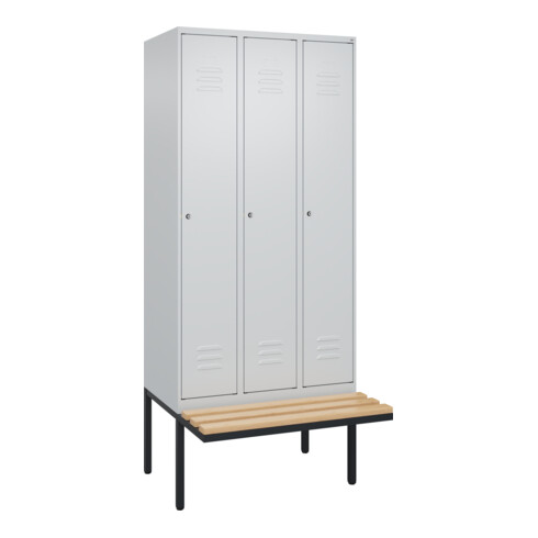 C+P Spind Classic PLUS, Bank, 3 Abteile, 2120x900x815mm, 7035/7035 Verschluss Zylinderschloss 3 Garderobenhaken   Sitzbanktyp auskragend