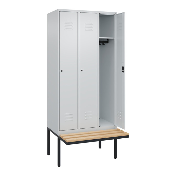 C+P Spind Classic PLUS, Bank, 3 Abteile, 2120x900x815mm, 7035/7035 Verschluss Zylinderschloss 3 Garderobenhaken   Sitzbanktyp auskragend