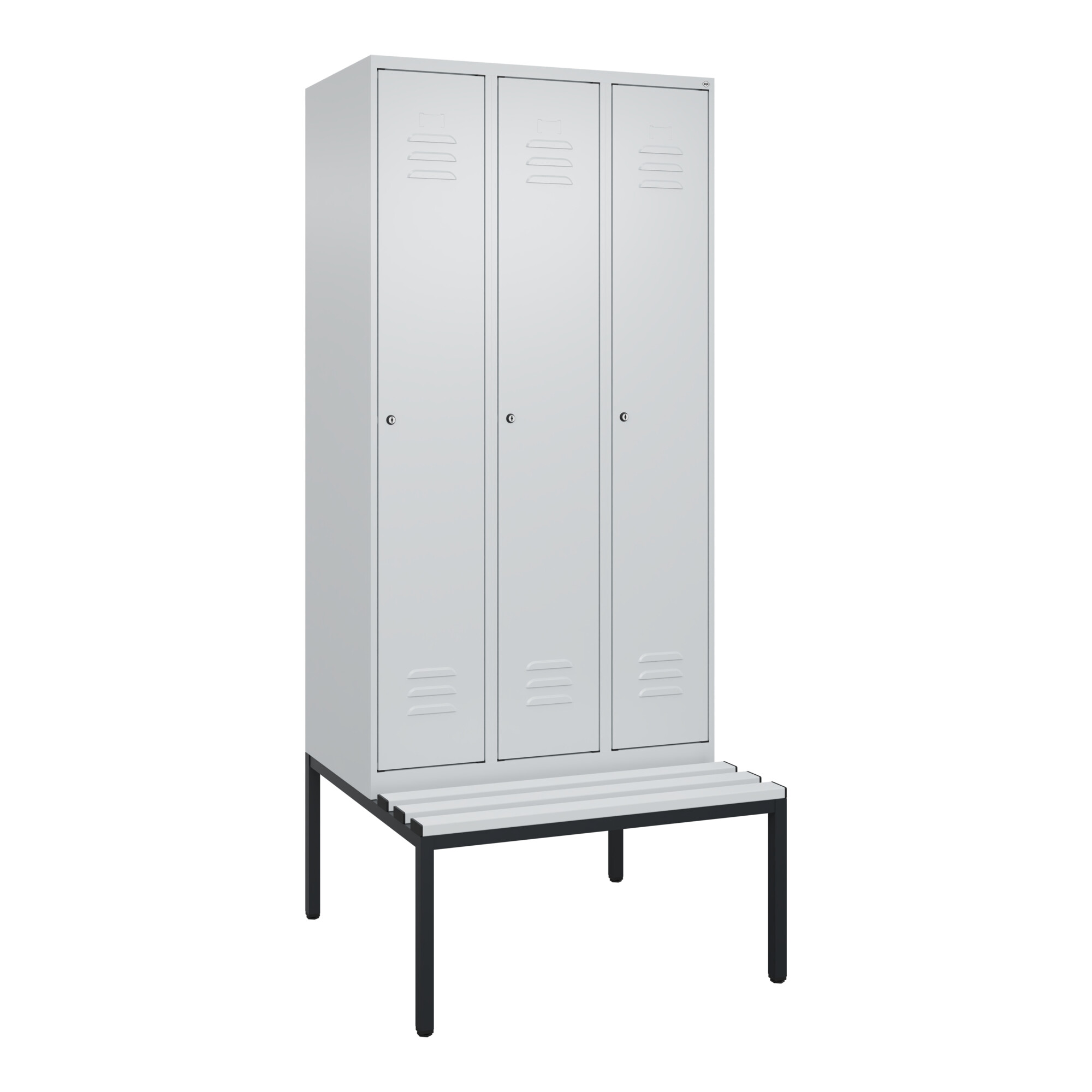 C+P Spind Classic PLUS, Bank, 3 Abteile, 2120x900x815mm, 7035/7035 Verschluss Zylinderschloss 4 Garderobenhaken Trennwand mittig Dekor Banklatten RAL