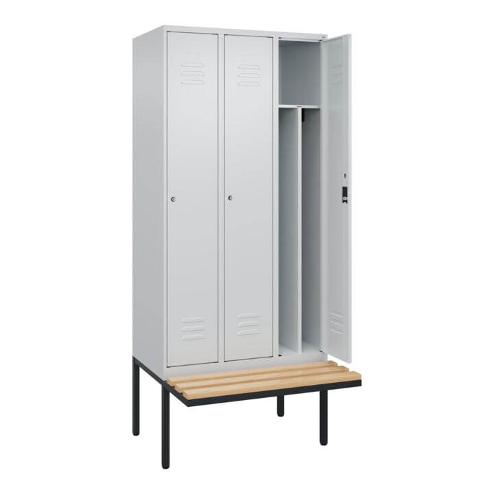 C+P Spind Classic PLUS, Bank, 3 Abteile, 2120x900x815mm, 7035/7035 Verschluss Zylinderschloss 4 Garderobenhaken Trennwand mittig  Sitzbanktyp auskragend