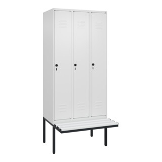 C+P Spind Classic PLUS, Bank, 3 Abteile, 2120x900x815mm, 9016/9016 Verschluss Sicherheits-Drehriegel 4 Garderobenhaken Trennwand mittig Dekor Banklatten RAL 9010 Reinweiß Sitzbanktyp auskragend