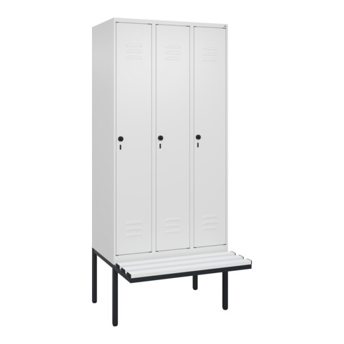 C+P Spind Classic PLUS, Bank, 3 Abteile, 2120x900x815mm, 9016/9016 Verschluss Sicherheits-Drehriegel 4 Garderobenhaken Trennwand mittig Dekor Banklatten RAL 9010 Reinweiß Sitzbanktyp auskragend
