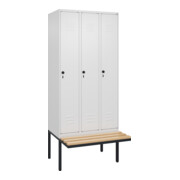 C+P Spind Classic PLUS, Bank, 3 Abteile, 2120x900x815mm, 9016/9016 Verschluss Sicherheits-Drehriegel 4 Garderobenhaken Trennwand mittig  Sitzbanktyp auskragend