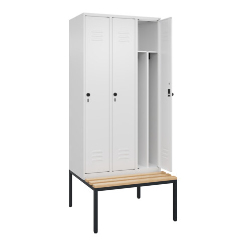 C+P Spind Classic PLUS, Bank, 3 Abteile, 2120x900x815mm, 9016/9016 Verschluss Sicherheits-Drehriegel 4 Garderobenhaken Trennwand mittig  Sitzbanktyp untergebaut