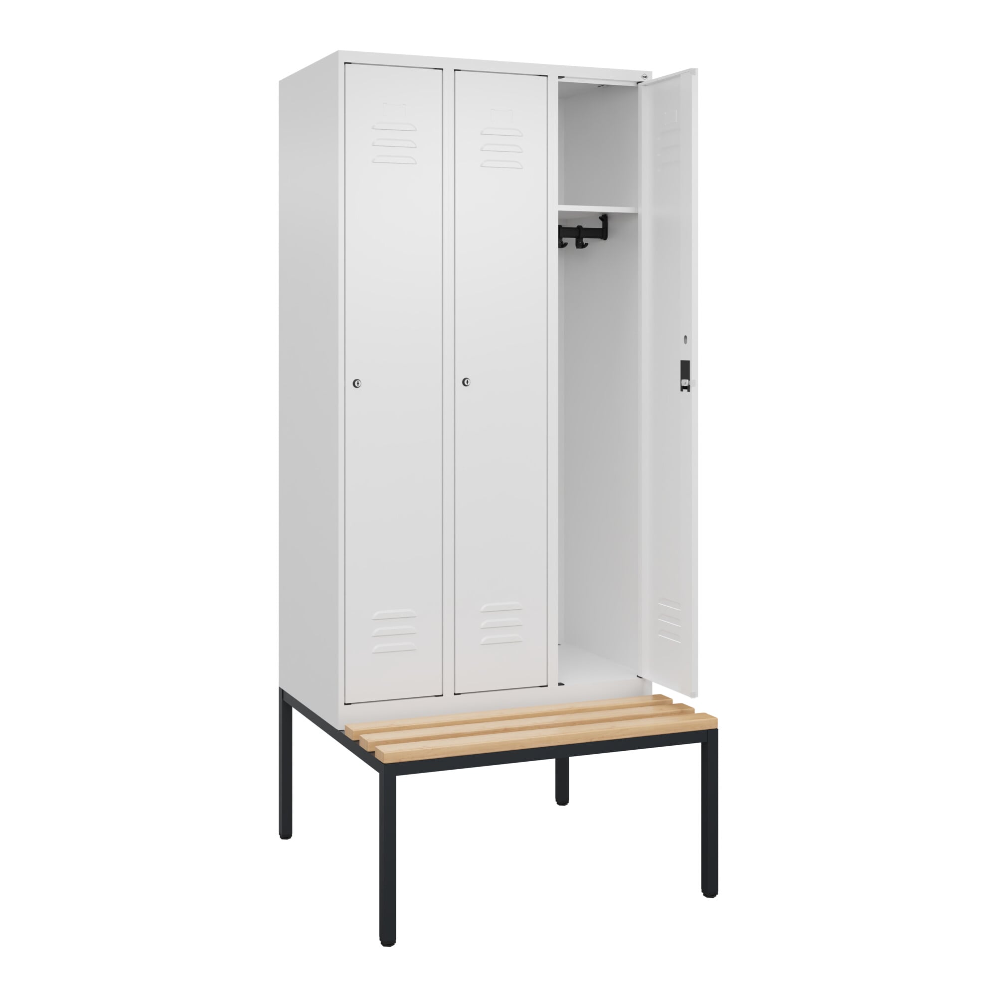 C+P Spind Classic PLUS, Bank, 3 Abteile, 2120x900x815mm, 9016/9016 Verschluss Zylinderschloss 3 Garderobenhaken Sitzbanktyp untergebaut ; C + P Möbe
