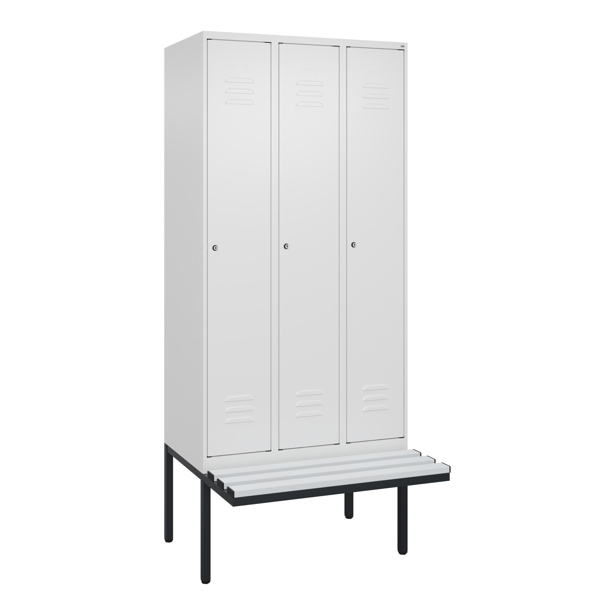 C+P Spind Classic PLUS, Bank, 3 Abteile, 2120x900x815mm, 9016/9016 Verschluss Zylinderschloss 4 Garderobenhaken Trennwand mittig Dekor Banklatten RAL