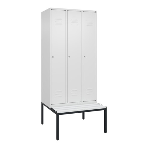 C+P Spind Classic PLUS, Bank, 3 Abteile, 2120x900x815mm, 9016/9016 Verschluss Zylinderschloss 4 Garderobenhaken Trennwand mittig Dekor Banklatten RAL 9010 Reinweiß Sitzbanktyp untergebaut