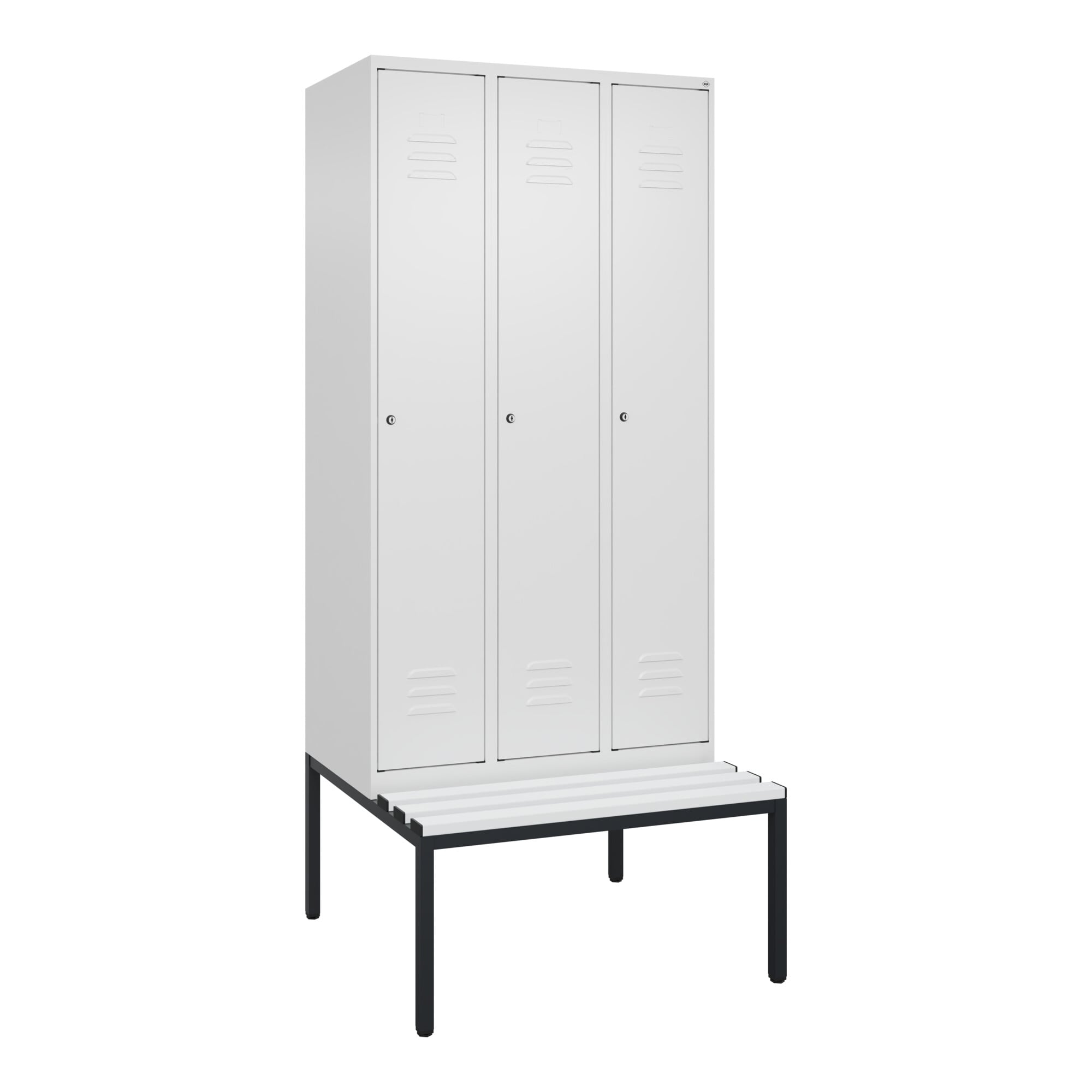 C+P Spind Classic PLUS, Bank, 3 Abteile, 2120x900x815mm, 9016/9016 Verschluss Zylinderschloss 4 Garderobenhaken Trennwand mittig Dekor Banklatten RAL