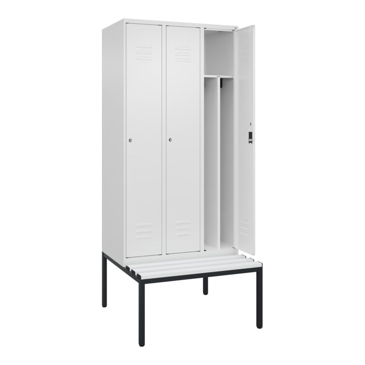 C+P Spind Classic PLUS, Bank, 3 Abteile, 2120x900x815mm, 9016/9016 Verschluss Zylinderschloss 4 Garderobenhaken Trennwand mittig Dekor Banklatten RAL 9010 Reinweiß Sitzbanktyp untergebaut
