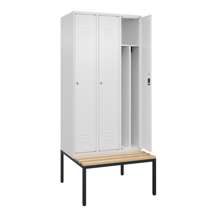 C+P Spind Classic PLUS, Bank, 3 Abteile, 2120x900x815mm, 9016/9016 Verschluss Zylinderschloss 4 Garderobenhaken Trennwand mittig  Sitzbanktyp untergebaut