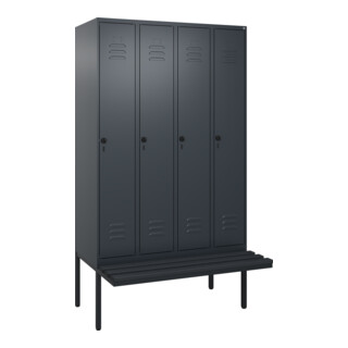 C+P Spind Classic PLUS, Bank, 4 Abteile, 2120x1200x815mm, 7016/7016 Verschluss Sicherheits-Drehriegel 4 Garderobenhaken Trennwand mittig Dekor Banklatten RAL 7021 Schwarzgrau Sitzbanktyp auskragend