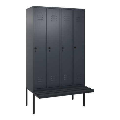 C+P Spind Classic PLUS, Bank, 4 Abteile, 2120x1200x815mm, 7016/7016 Verschluss Sicherheits-Drehriegel 4 Garderobenhaken Trennwand mittig Dekor Banklatten RAL 7021 Schwarzgrau Sitzbanktyp auskragend