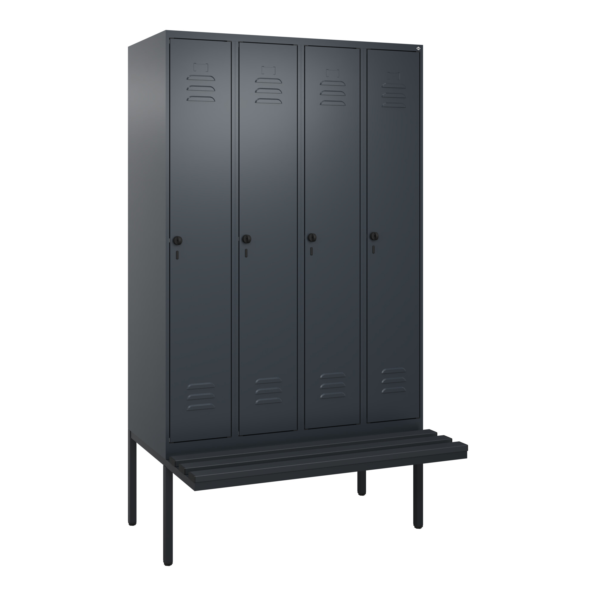 C+P Spind Classic PLUS, Bank, 4 Abteile, 2120x1200x815mm, 7016/7016 Verschluss Sicherheits-Drehriegel 4 Garderobenhaken Trennwand mittig Dekor Banklat
