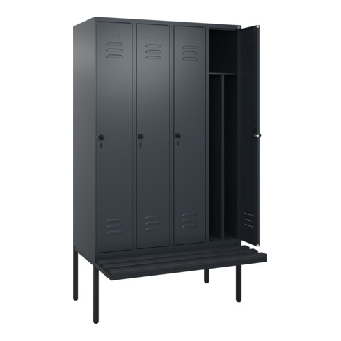 C+P Spind Classic PLUS, Bank, 4 Abteile, 2120x1200x815mm, 7016/7016 Verschluss Sicherheits-Drehriegel 4 Garderobenhaken Trennwand mittig Dekor Banklatten RAL 7021 Schwarzgrau Sitzbanktyp auskragend
